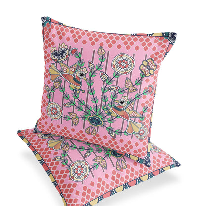 Set of Two 16" X 16" Yellow and Peach Peacock Blown Seam Floral Indoor Outdoor Throw Pillow - FurniFindUSA