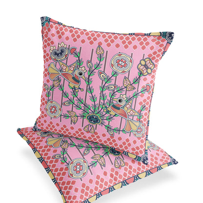 Set of Two 16" X 16" Yellow and Peach Peacock Blown Seam Floral Indoor Outdoor Throw Pillow