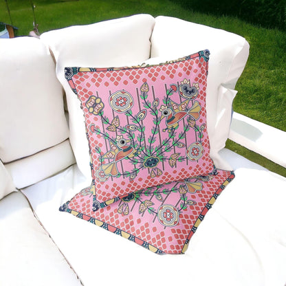 Set of Two 16" X 16" Yellow and Peach Peacock Blown Seam Floral Indoor Outdoor Throw Pillow - FurniFindUSA