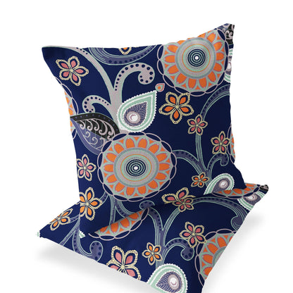 Set of Two 16" X 16" Blue and Orange Blown Seam Floral Indoor Outdoor Throw Pillow - FurniFindUSA