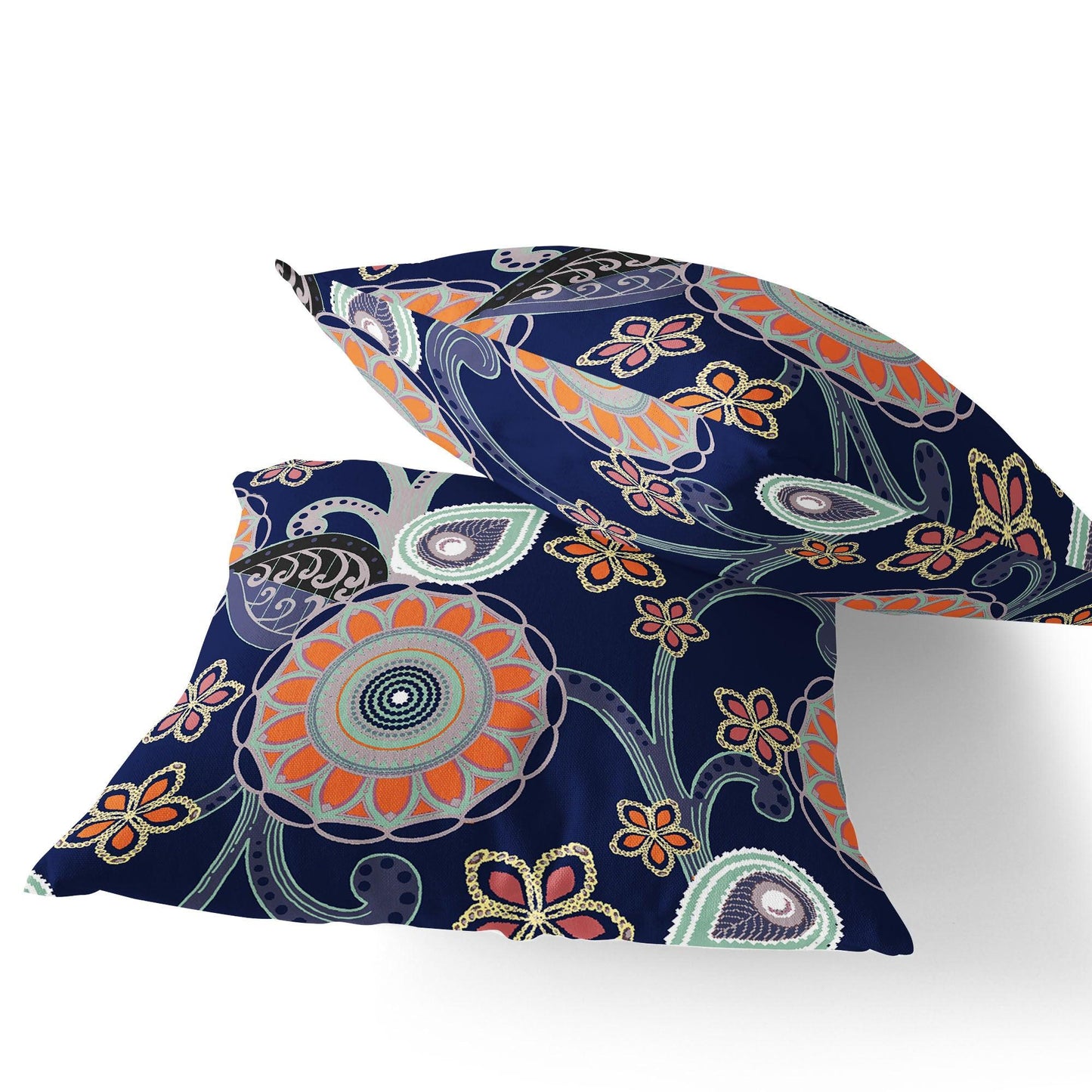 Set of Two 16" X 16" Blue and Orange Blown Seam Floral Indoor Outdoor Throw Pillow - FurniFindUSA