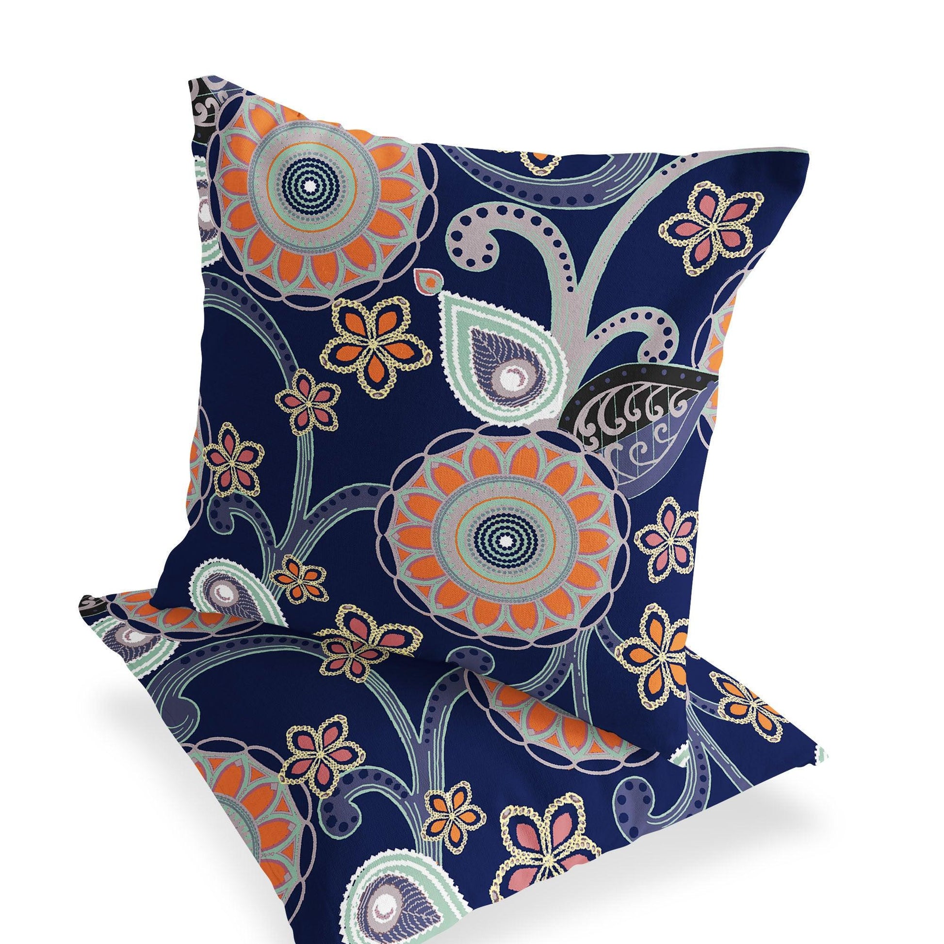 Set of Two 16" X 16" Blue and Orange Blown Seam Floral Indoor Outdoor Throw Pillow - FurniFindUSA
