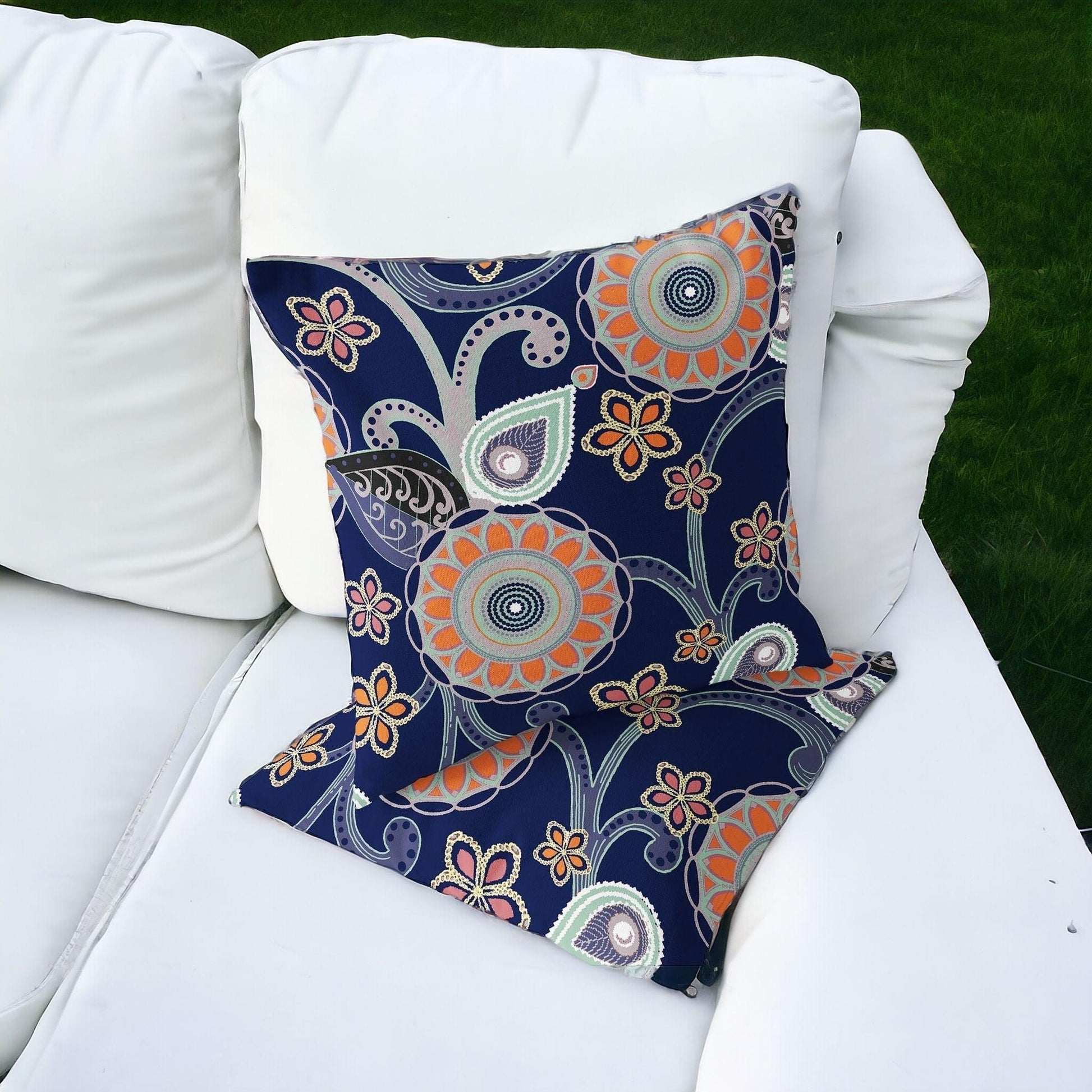 Set of Two 16" X 16" Blue and Orange Blown Seam Floral Indoor Outdoor Throw Pillow - FurniFindUSA