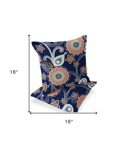 Set of Two 16" X 16" Blue and Orange Blown Seam Floral Indoor Outdoor Throw Pillow - FurniFindUSA