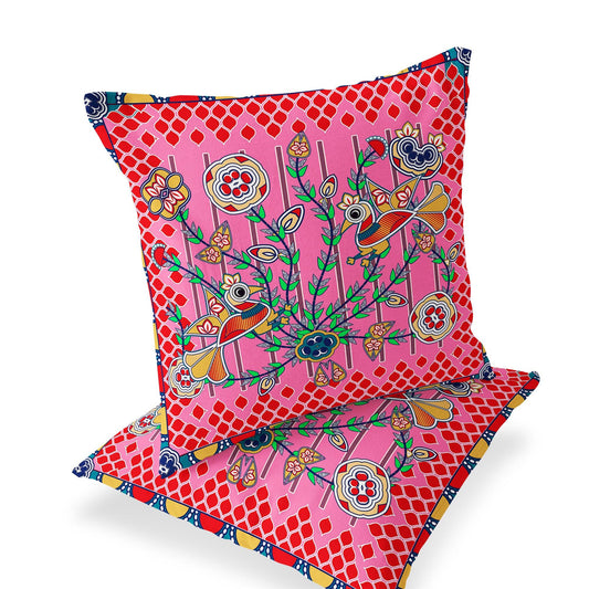 Set of Two 16" X 16" Red and Pink Peacock Blown Seam Floral Indoor Outdoor Throw Pillow - FurniFindUSA
