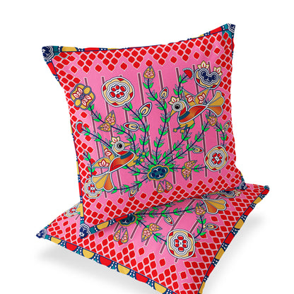 Set of Two 16" X 16" Red and Pink Peacock Blown Seam Floral Indoor Outdoor Throw Pillow