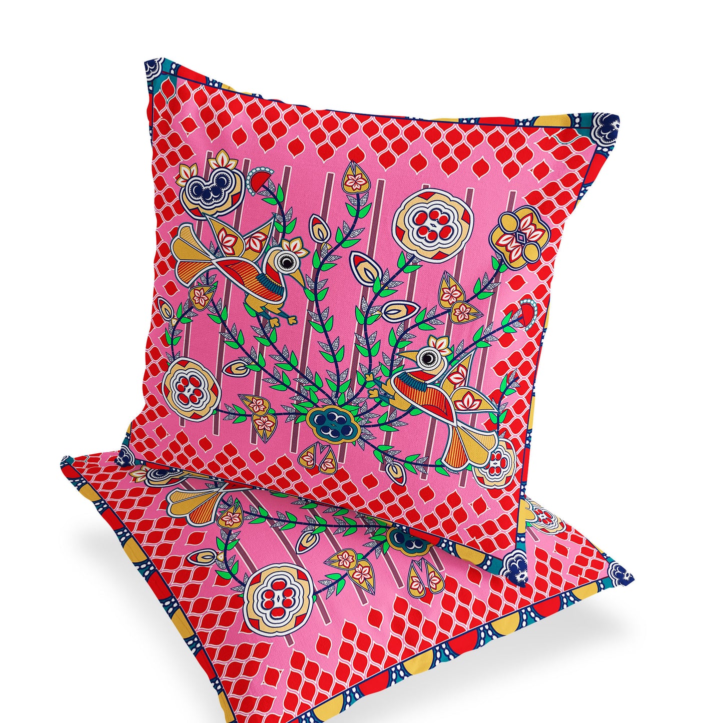 Set of Two 16" X 16" Red and Pink Peacock Blown Seam Floral Indoor Outdoor Throw Pillow