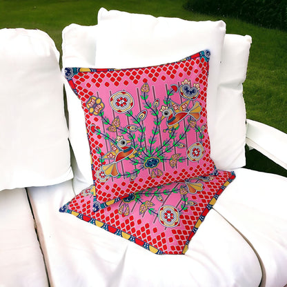 Set of Two 16" X 16" Red and Pink Peacock Blown Seam Floral Indoor Outdoor Throw Pillow