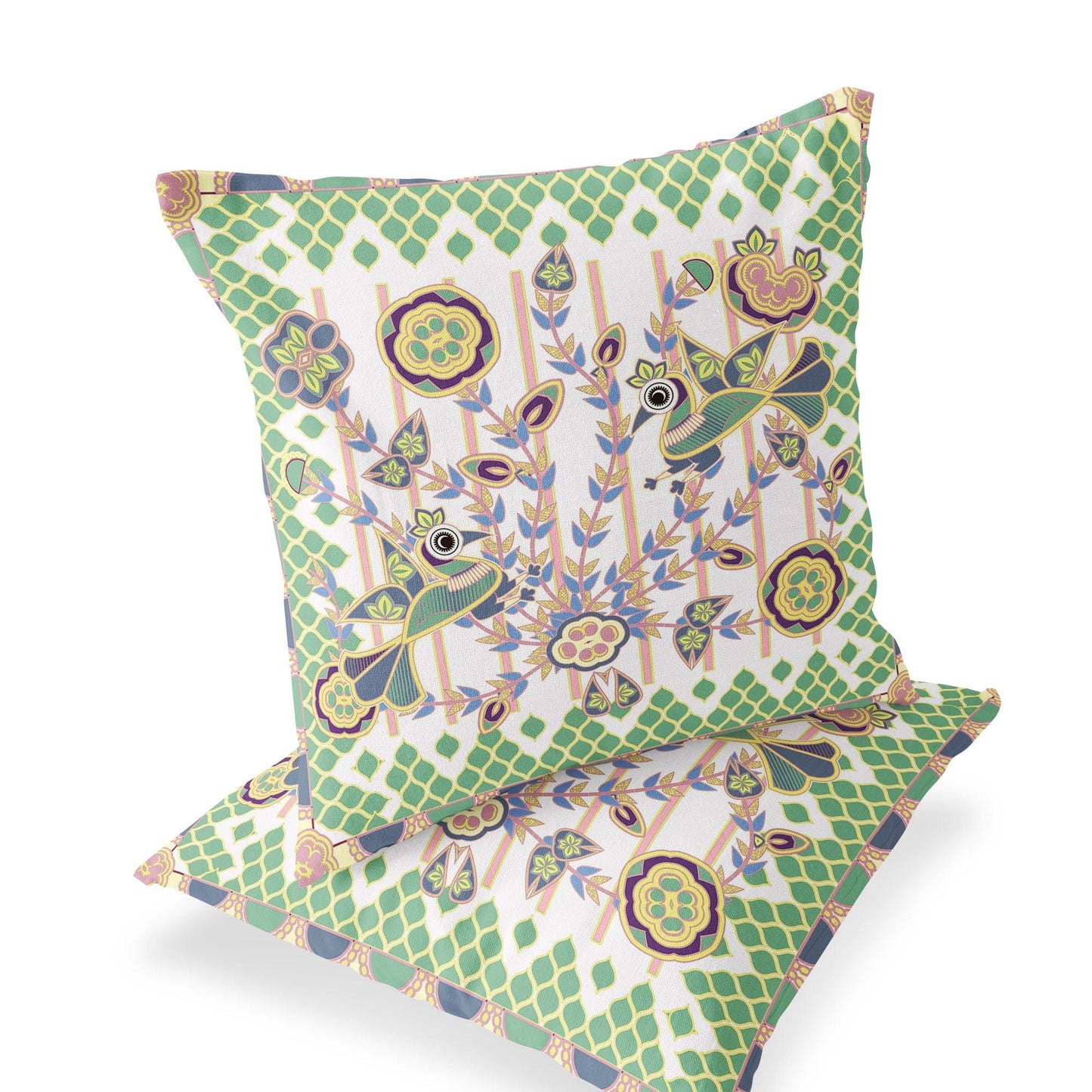 Set of Two 16" X 16" Green and White Peacock Blown Seam Floral Indoor Outdoor Throw Pillow - FurniFindUSA