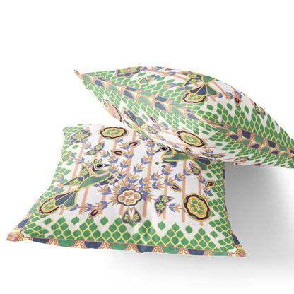 Set of Two 16" X 16" Green and White Peacock Blown Seam Floral Indoor Outdoor Throw Pillow - FurniFindUSA