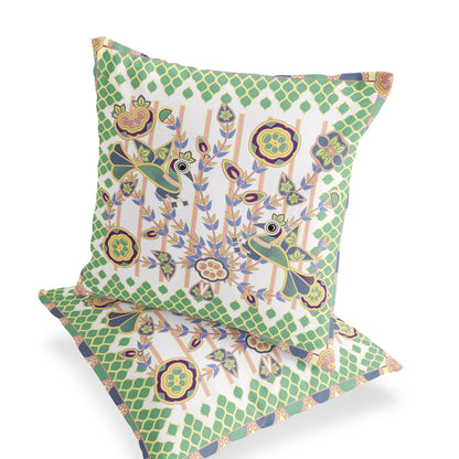 Set of Two 16" X 16" Green and White Peacock Blown Seam Floral Indoor Outdoor Throw Pillow - FurniFindUSA