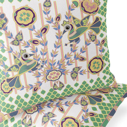 Set of Two 16" X 16" Green and White Peacock Blown Seam Floral Indoor Outdoor Throw Pillow - FurniFindUSA