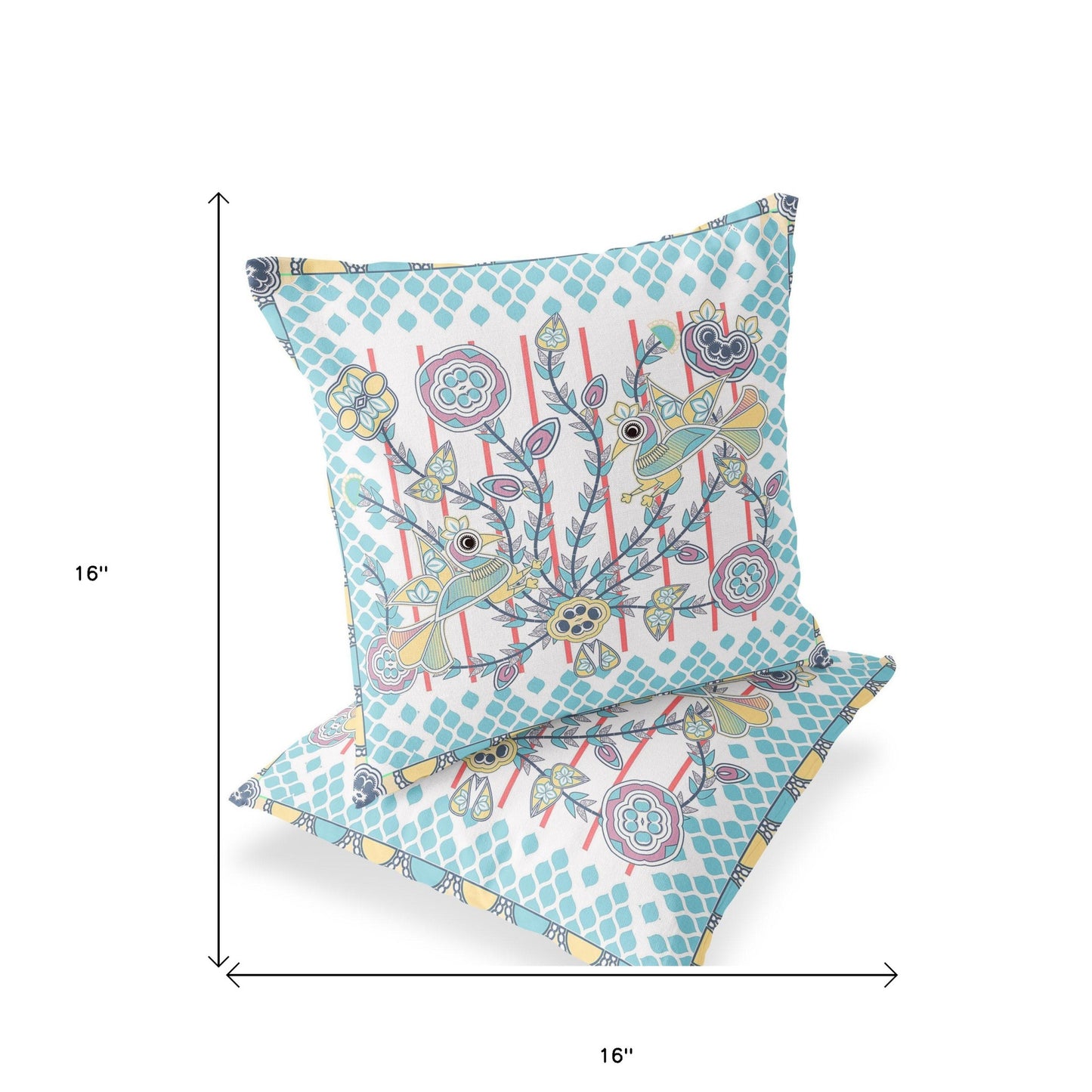 Set of Two 16" X 16" Blue and White Peacock Blown Seam Floral Indoor Outdoor Throw Pillow