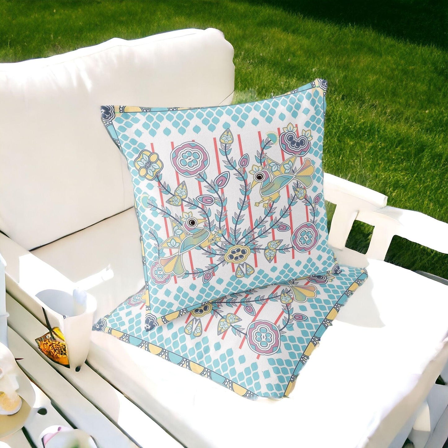 Set of Two 16" X 16" Blue and White Peacock Blown Seam Floral Indoor Outdoor Throw Pillow - FurniFindUSA
