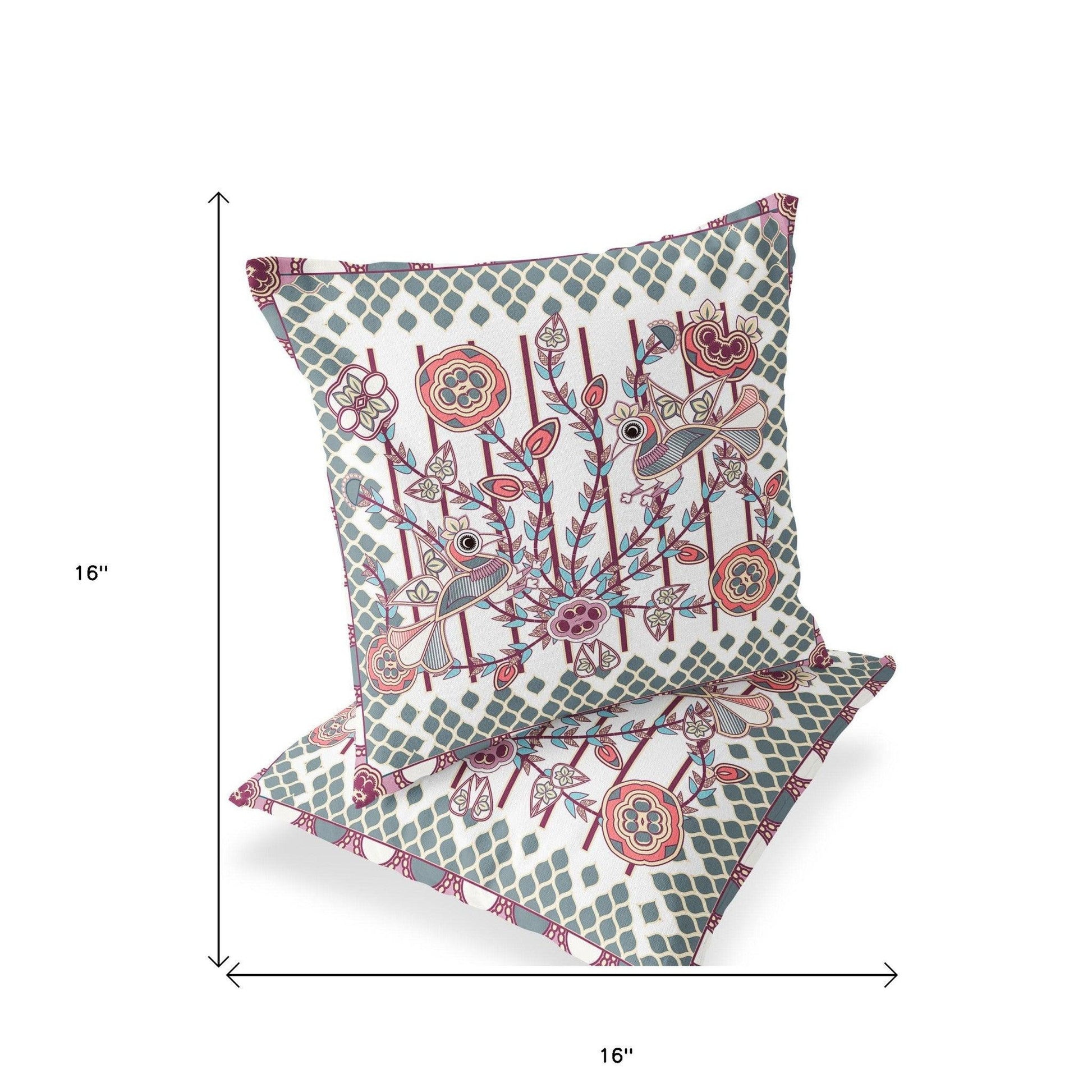Set of Two 16" X 16" Red and White Peacock Blown Seam Floral Indoor Outdoor Throw Pillow - FurniFindUSA
