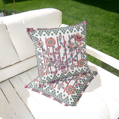 Set of Two 16" X 16" Red and White Peacock Blown Seam Floral Indoor Outdoor Throw Pillow