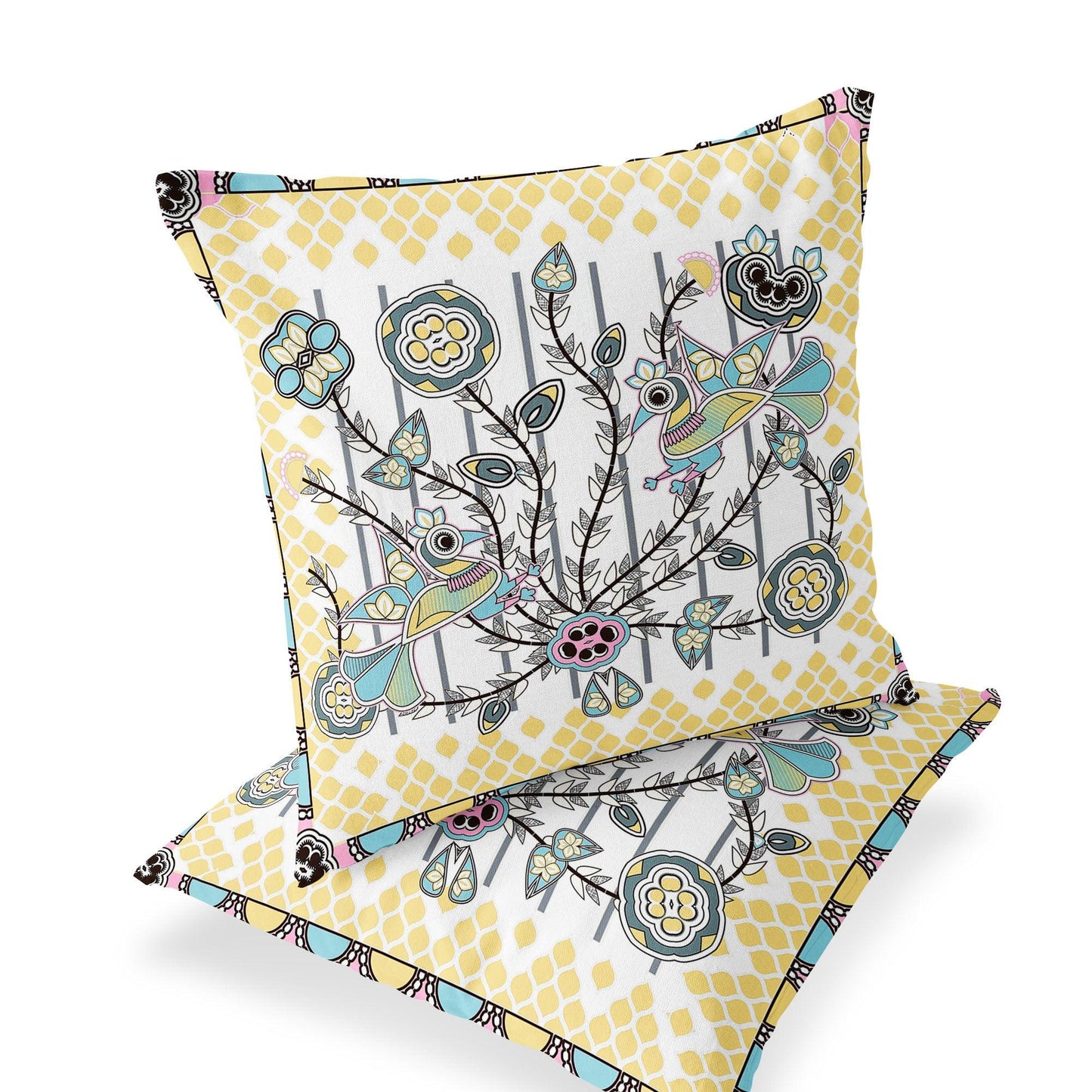 Set of Two 16" X 16" Yellow and White Peacock Blown Seam Floral Indoor Outdoor Throw Pillow - FurniFindUSA