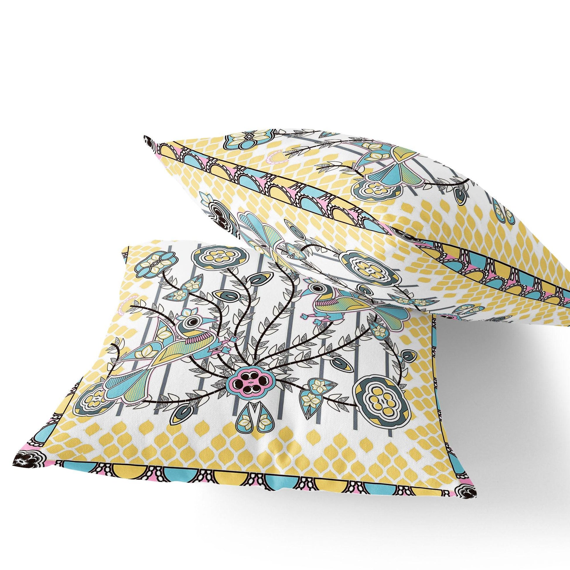 Set of Two 16" X 16" Yellow and White Peacock Blown Seam Floral Indoor Outdoor Throw Pillow - FurniFindUSA