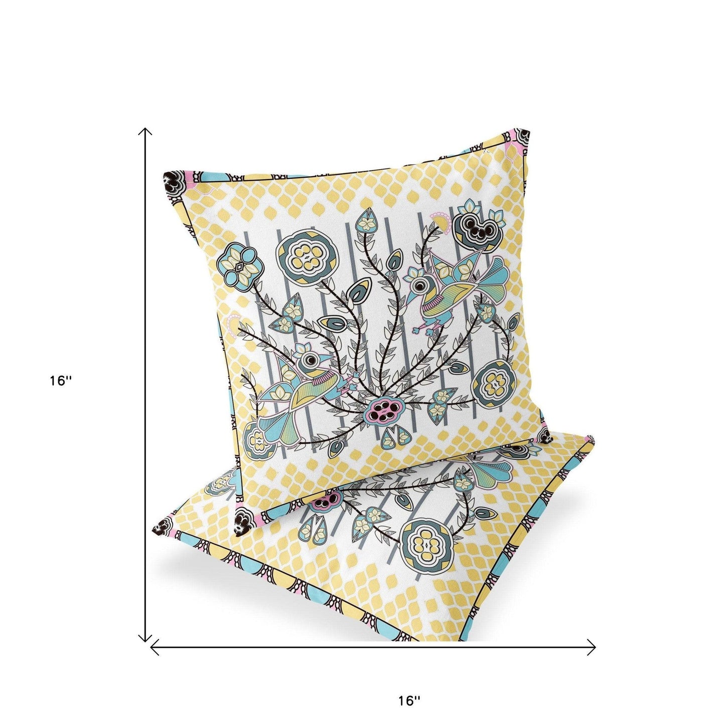 Set of Two 16" X 16" Yellow and White Peacock Blown Seam Floral Indoor Outdoor Throw Pillow - FurniFindUSA