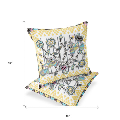 Set of Two 16" X 16" Yellow and White Peacock Blown Seam Floral Indoor Outdoor Throw Pillow