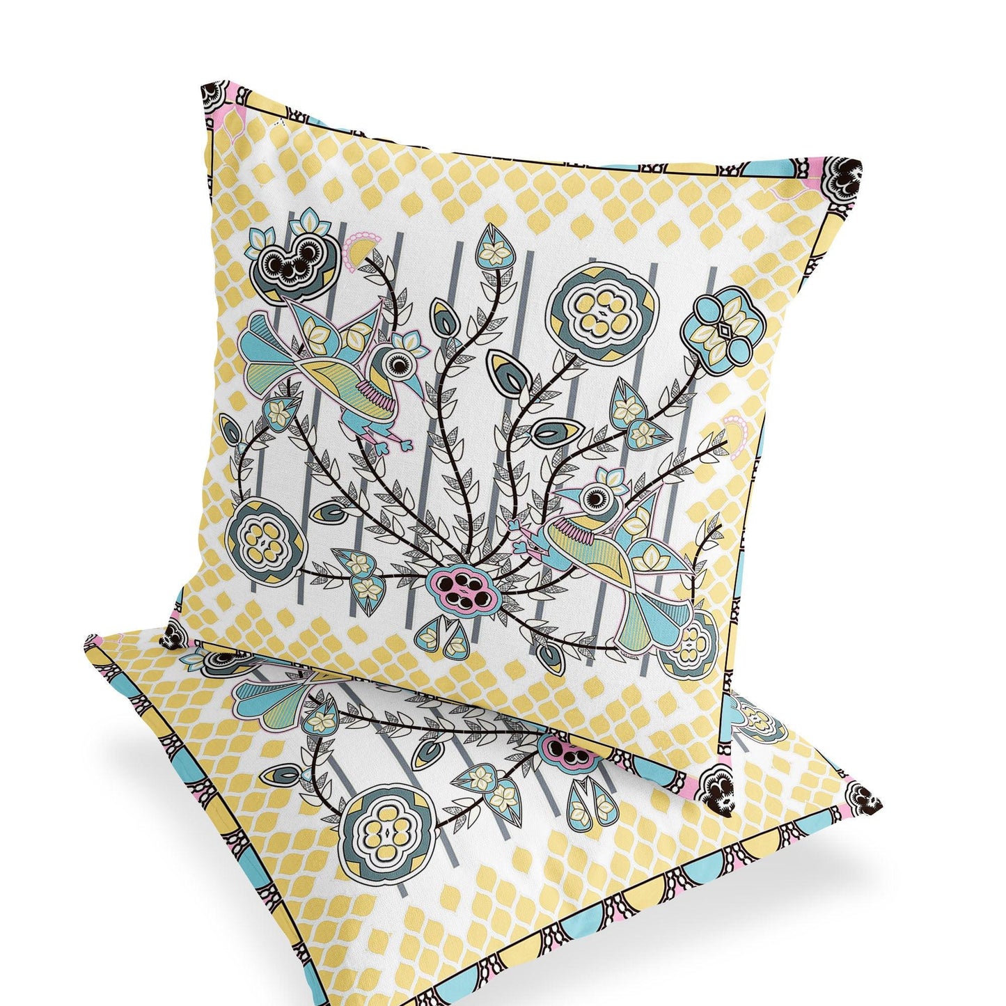 Set of Two 16" X 16" Yellow and White Peacock Blown Seam Floral Indoor Outdoor Throw Pillow - FurniFindUSA