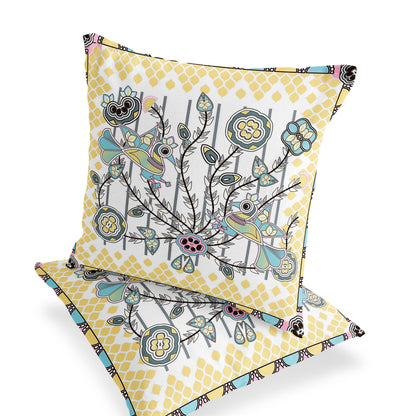 Set of Two 16" X 16" Yellow and White Peacock Blown Seam Floral Indoor Outdoor Throw Pillow