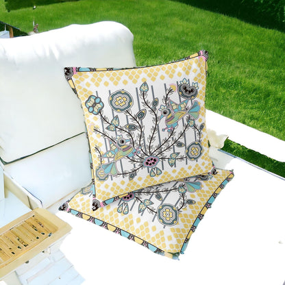 Set of Two 16" X 16" Yellow and White Peacock Blown Seam Floral Indoor Outdoor Throw Pillow - FurniFindUSA