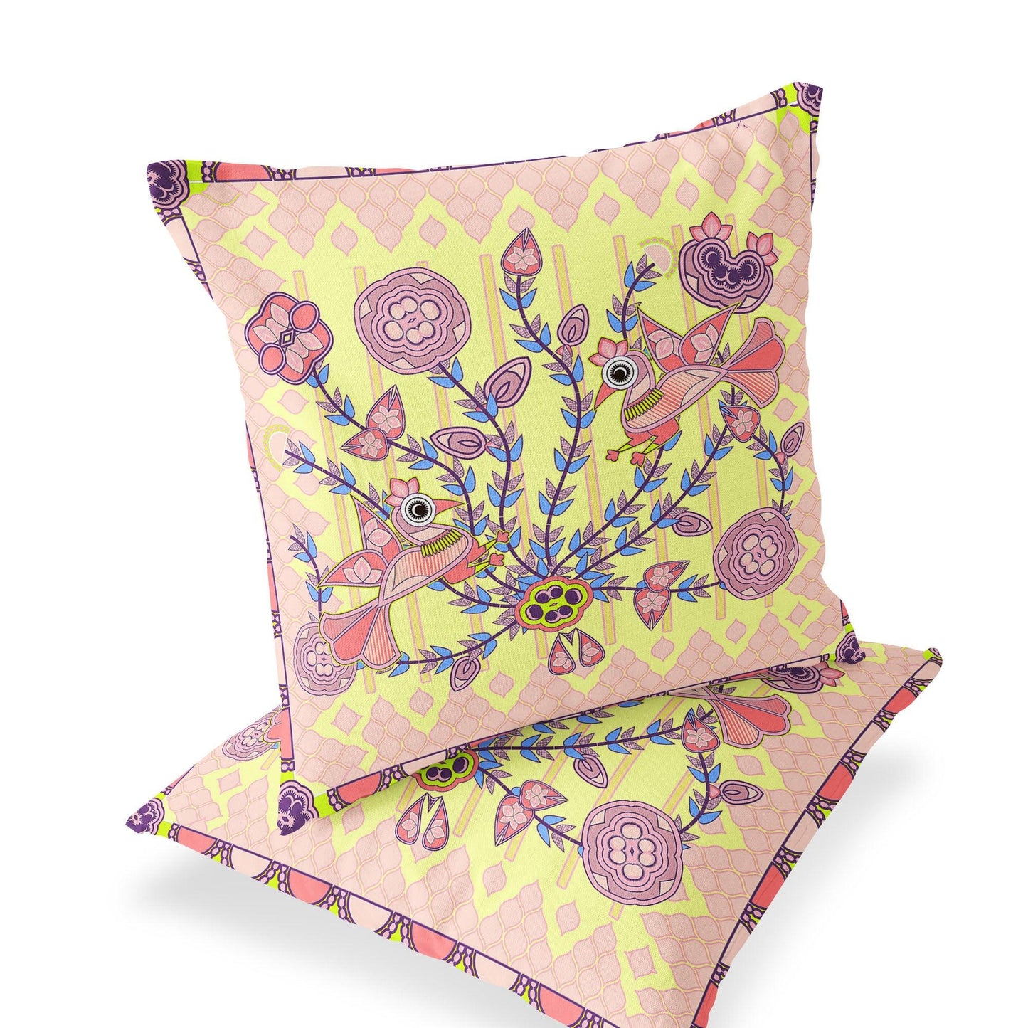 Set of Two 16" X 16" Yellow and Peach Peacock Blown Seam Floral Indoor Outdoor Throw Pillow - FurniFindUSA