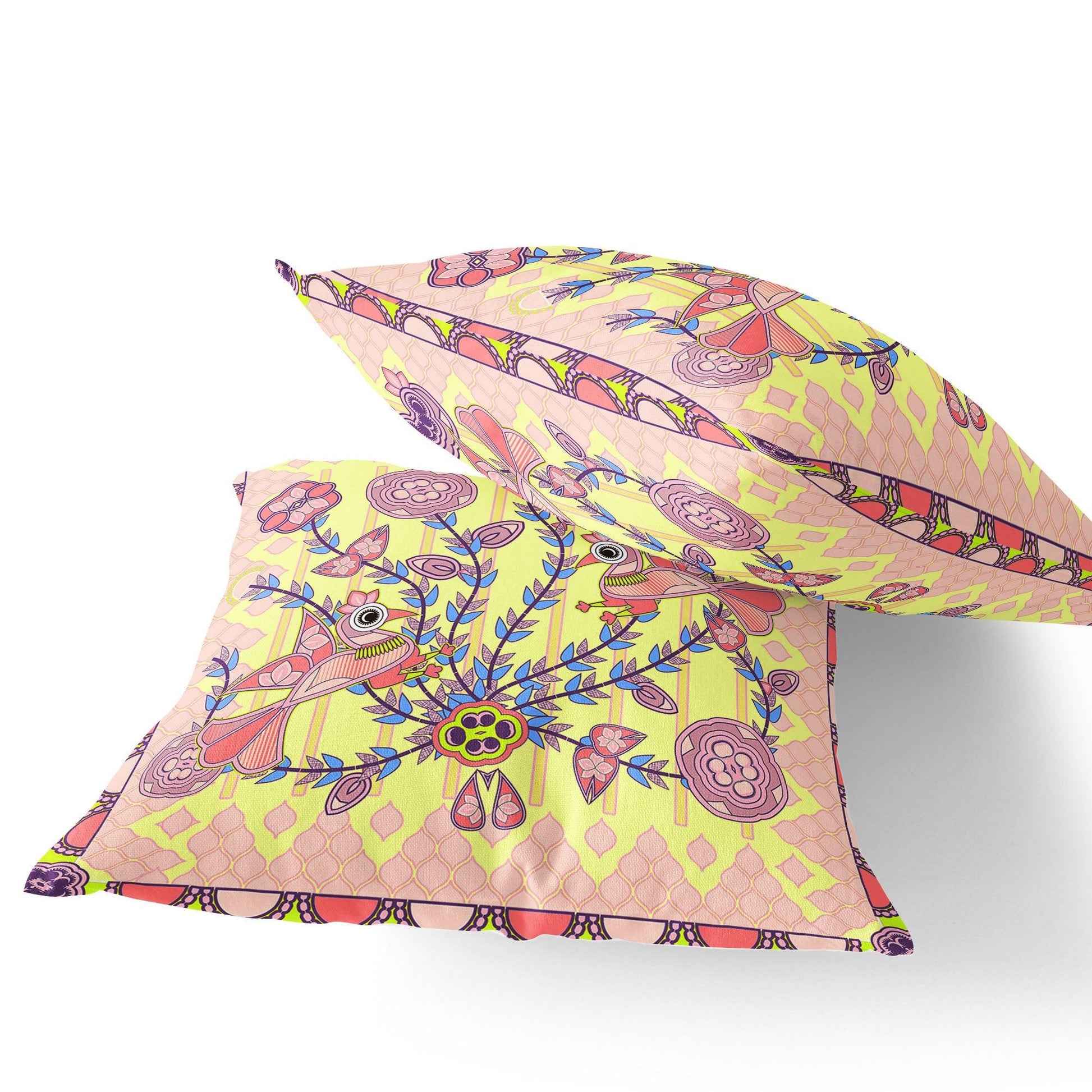 Set of Two 16" X 16" Yellow and Peach Peacock Blown Seam Floral Indoor Outdoor Throw Pillow - FurniFindUSA