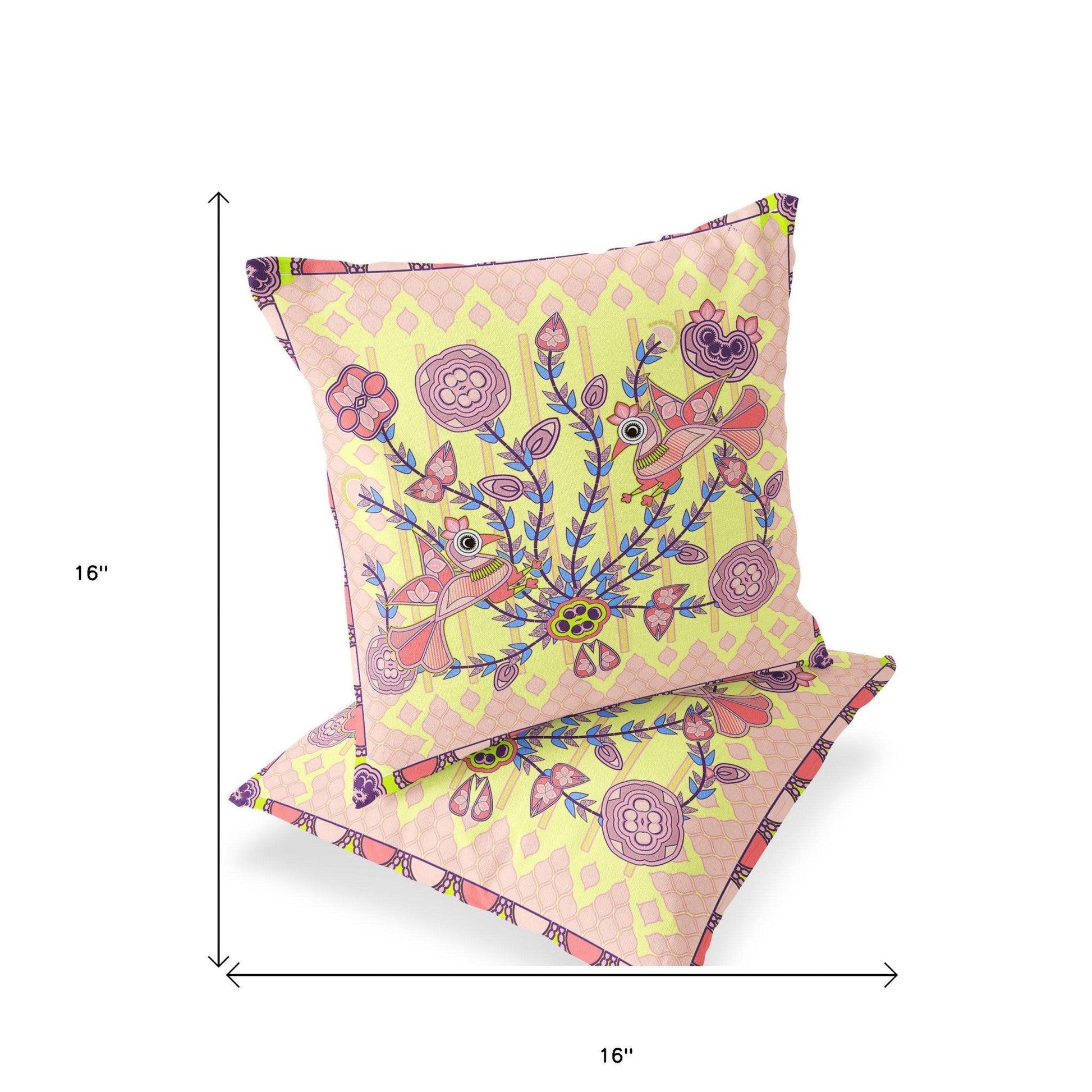 Set of Two 16" X 16" Yellow and Peach Peacock Blown Seam Floral Indoor Outdoor Throw Pillow - FurniFindUSA