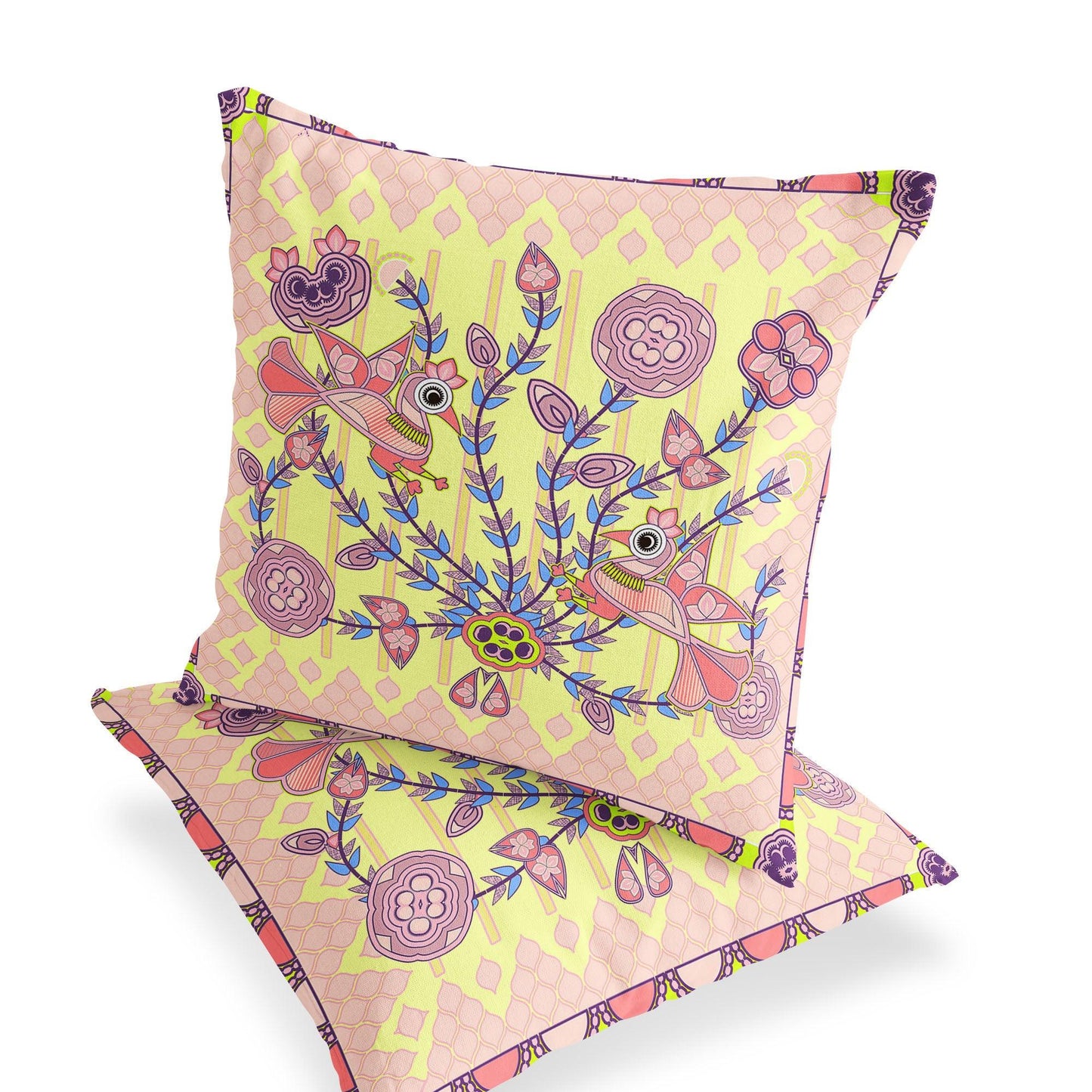 Set of Two 16" X 16" Yellow and Peach Peacock Blown Seam Floral Indoor Outdoor Throw Pillow - FurniFindUSA