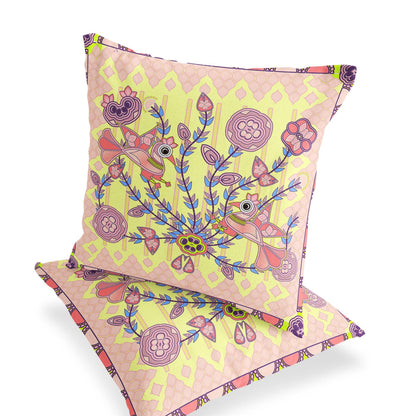 Set of Two 16" X 16" Yellow and Peach Peacock Blown Seam Floral Indoor Outdoor Throw Pillow - FurniFindUSA