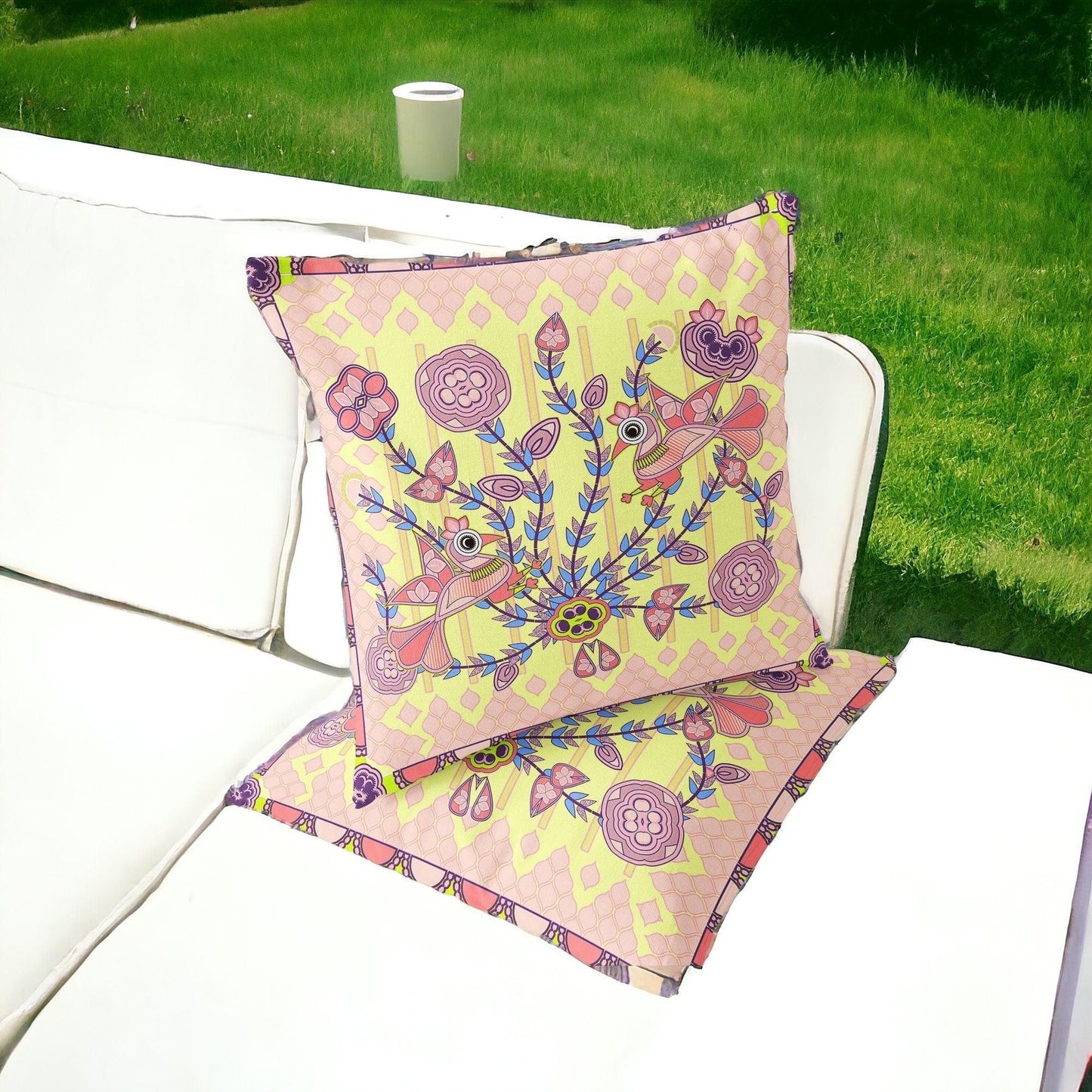 Set of Two 16" X 16" Yellow and Peach Peacock Blown Seam Floral Indoor Outdoor Throw Pillow - FurniFindUSA