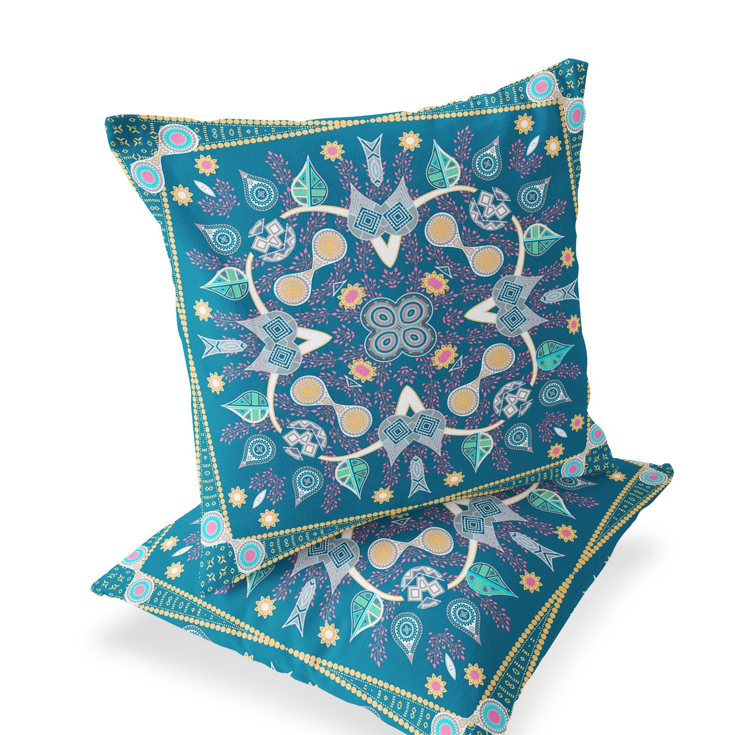 Set of Two 16" X 16" Blue and Yellow Blown Seam Paisley Indoor Outdoor Throw Pillow