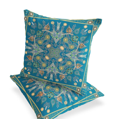 Set of Two 16" X 16" Green and Yellow Blown Seam Paisley Indoor Outdoor Throw Pillow