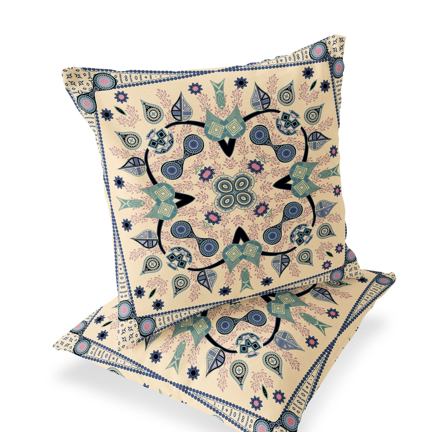 Set of Two 16" X 16" Beige and Black Blown Seam Paisley Indoor Outdoor Throw Pillow