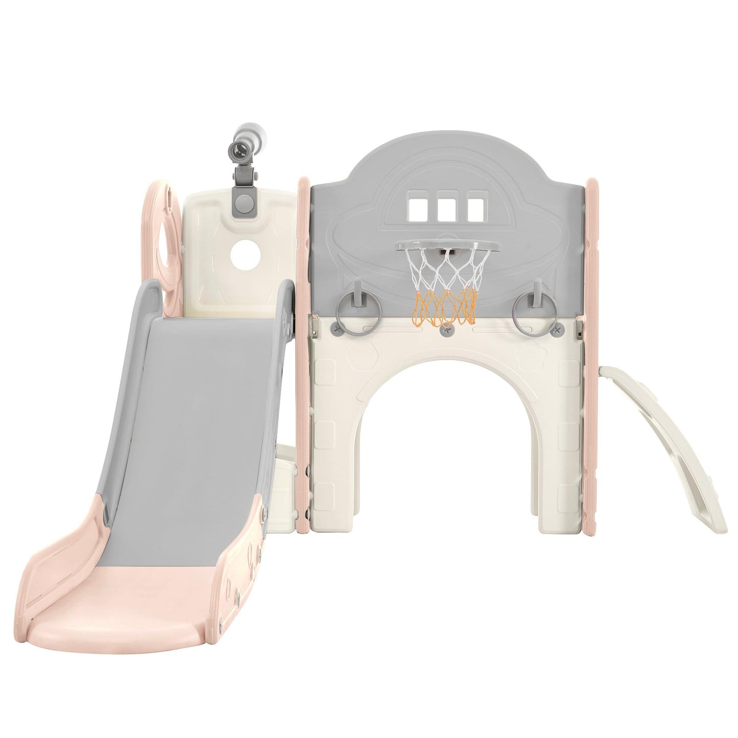 Kids Slide Playset Structure 7 in 1, Freestanding Spaceship Set with Slide, Arch Tunnel Pink+Grey + HDPE - FurniFindUSA