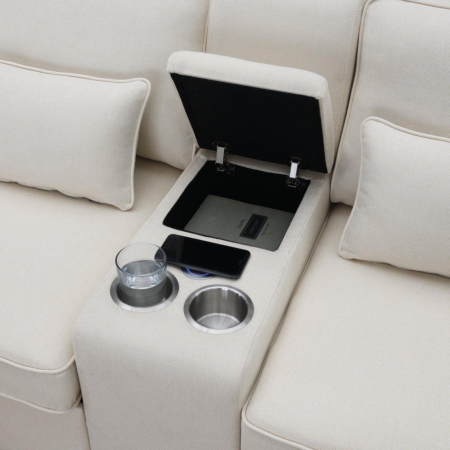 114.2" Upholstered Sofa with Console 2 Cupholders and 2 USB Ports Wired or Wirelessly Charged (4-Seat) - FurniFindUSA