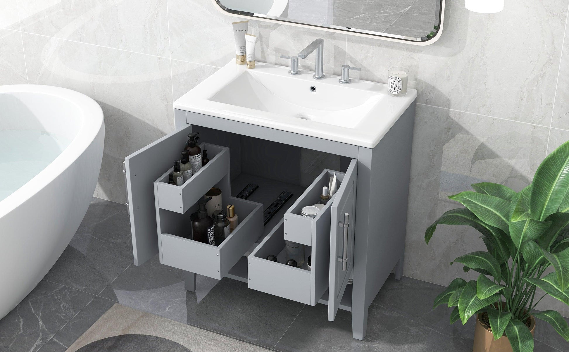 30" Bathroom Vanity with Sink, Multi-functional Bathroom Cabinet with Doors and Drawers, Solid Frame and MDF Board, Grey - FurniFindUSA