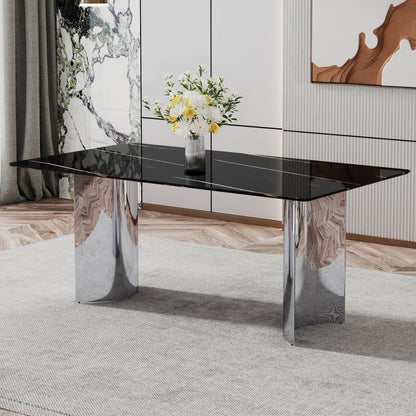 Modern minimalist dining table The black imitation marble glass desktop is equipped with silver metal legs - FurniFindUSA