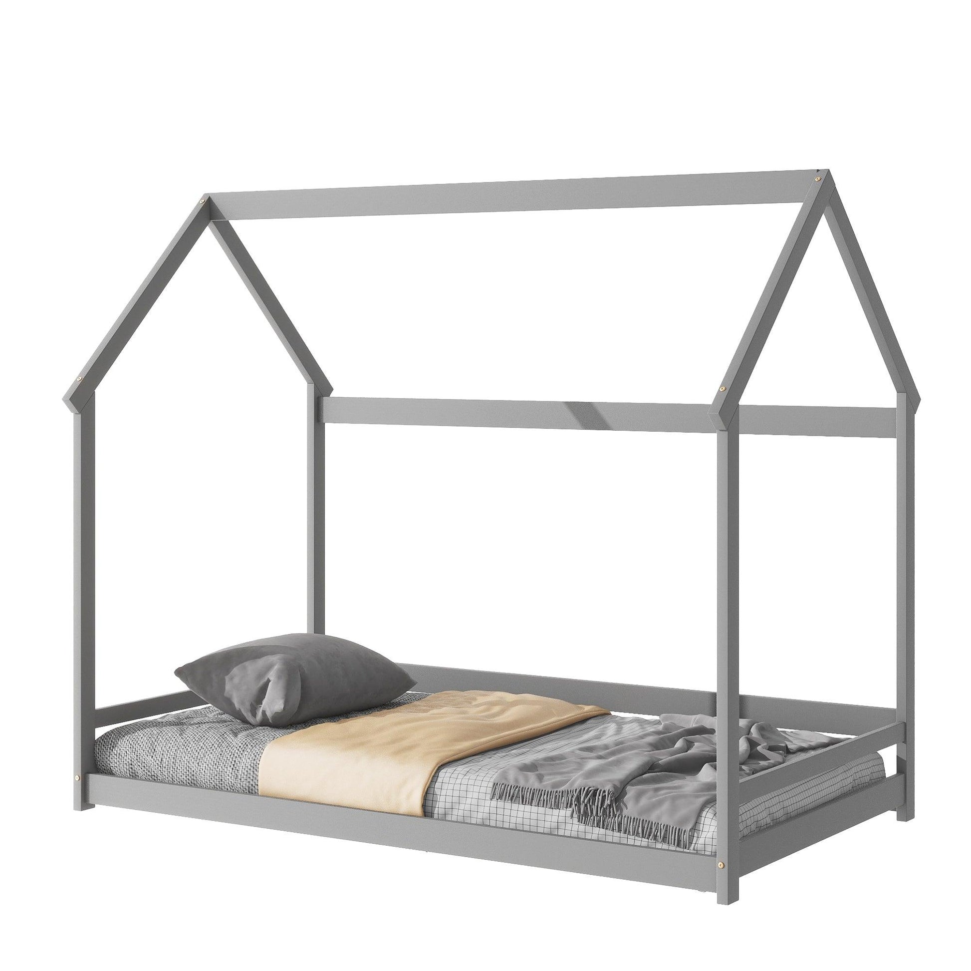 Twin House-Shaped Floor Bed with 2 Detachable Stands Grey - FurniFindUSA