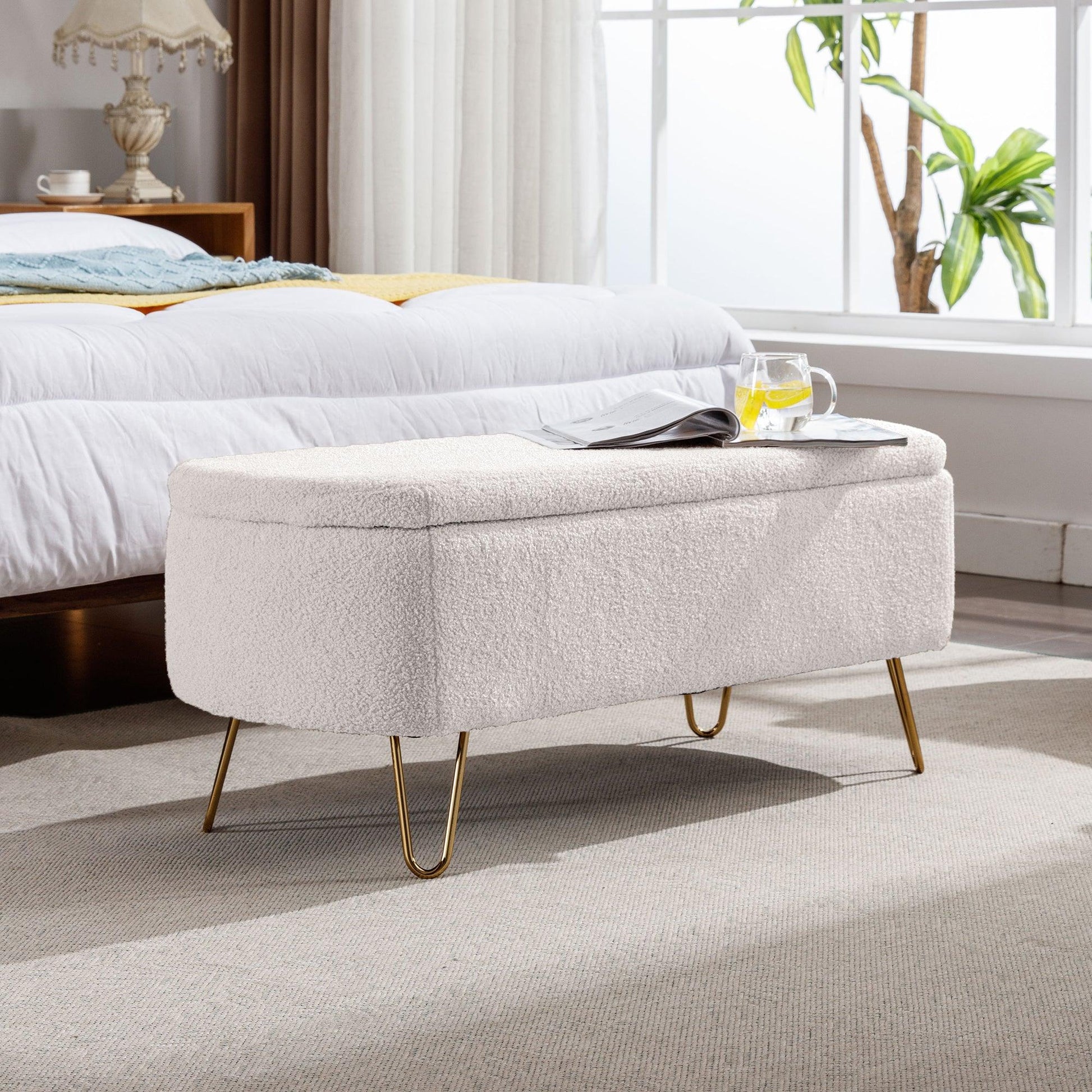 Ivory White Storage Ottoman Bench for End of Bed Gold Legs - FurniFindUSA