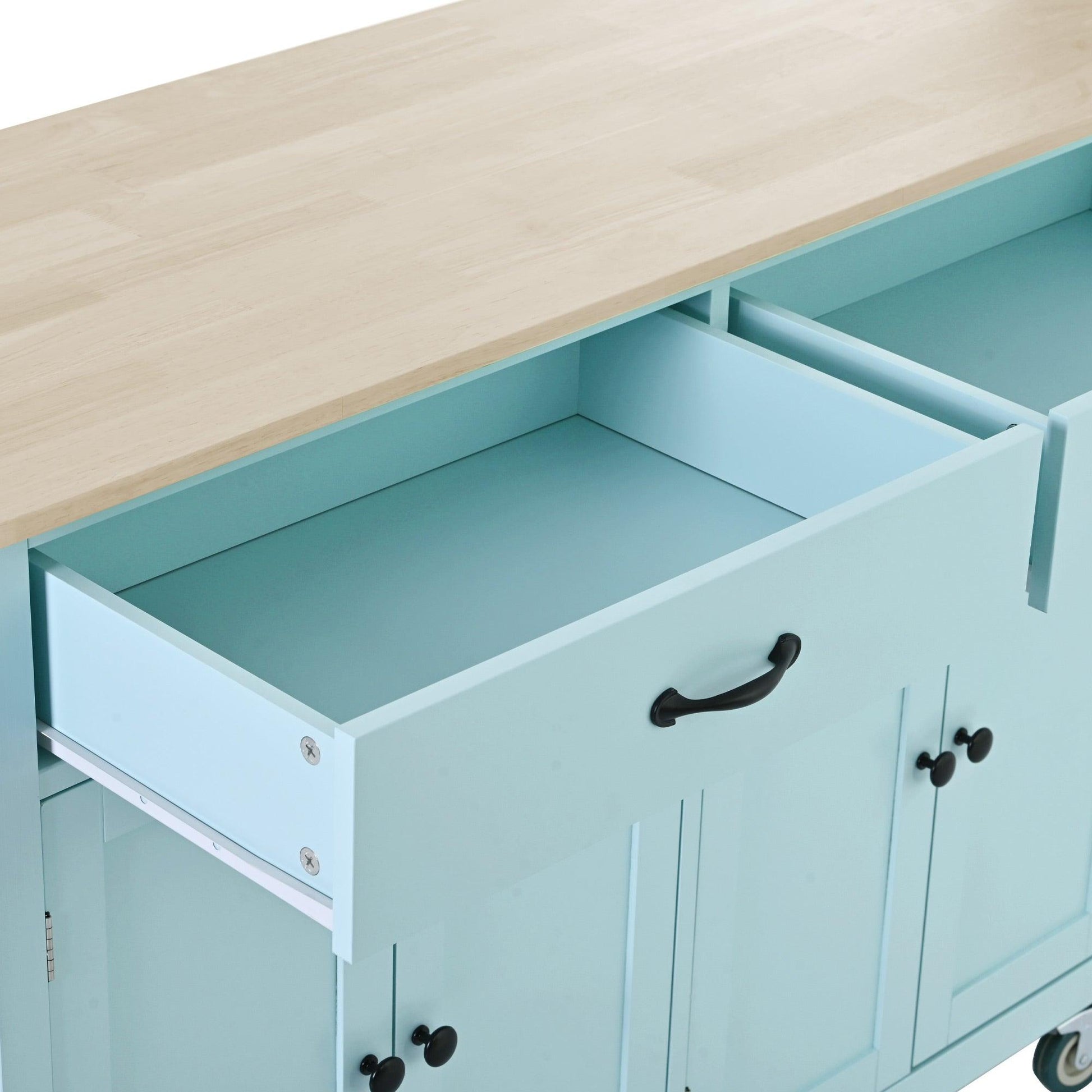 Kitchen Island Cart with 4 Door Cabinet and Two Drawers and 2 Locking Wheels - Solid Wood Top (Mint Green) - FurniFindUSA