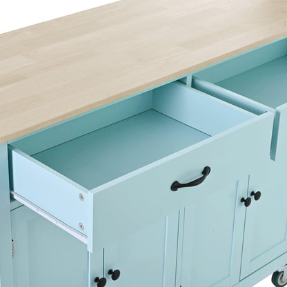 Kitchen Island Cart with 4 Door Cabinet and Two Drawers and 2 Locking Wheels - Solid Wood Top (Mint Green) - FurniFindUSA