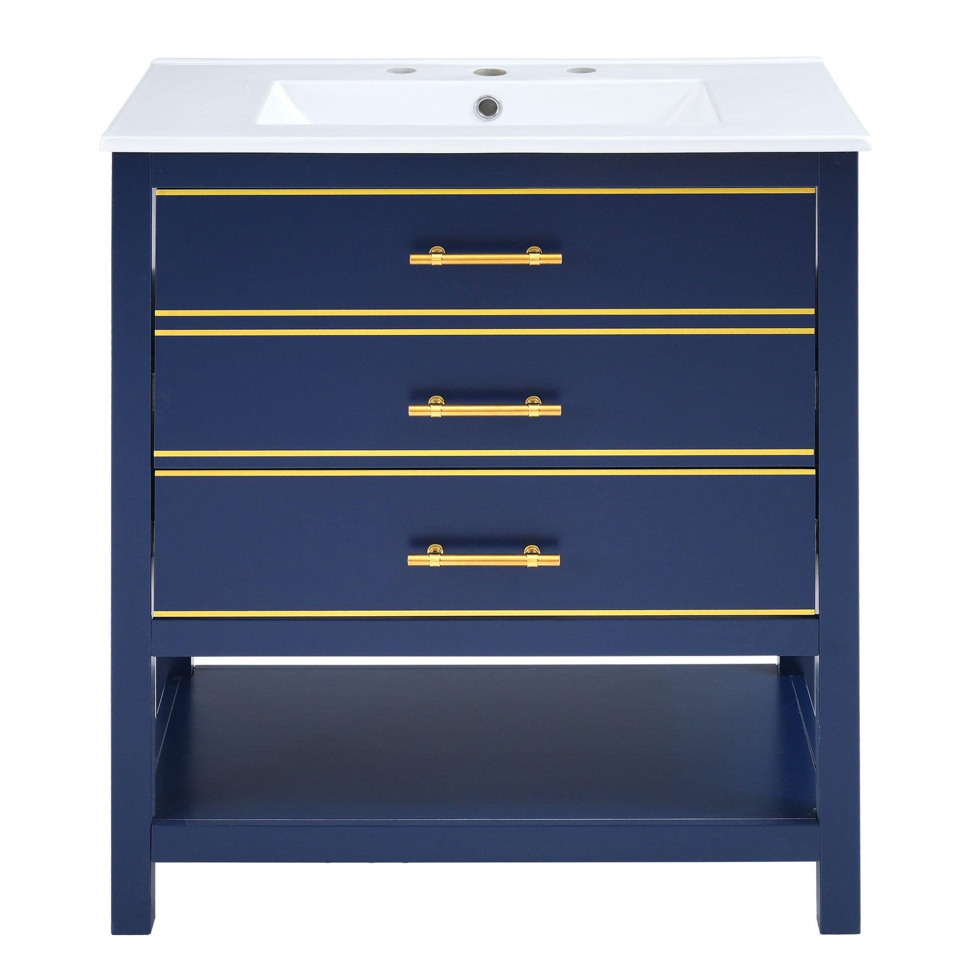 [Viedo]Modern 30inch Navy Blue/White Bathroom Vanity Cabinet Combo with Open Storge, Two Drawers - FurniFindUSA