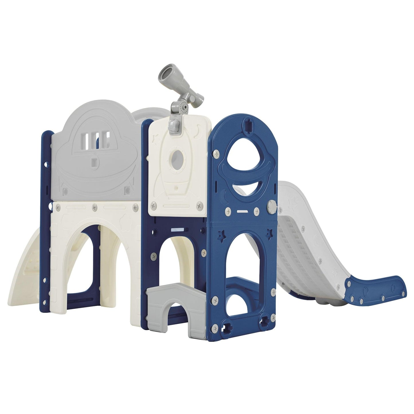 Kids Slide Playset Structure 7 in 1, Freestanding Spaceship Set with Slide, Arch Tunnel Blue+Grey + HDPE - FurniFindUSA