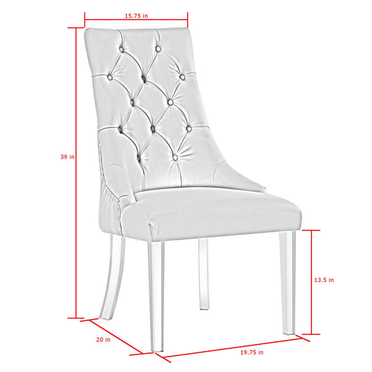 Set of Two Tufted Cream and Clear Upholstered Linen Dining Side Chairs