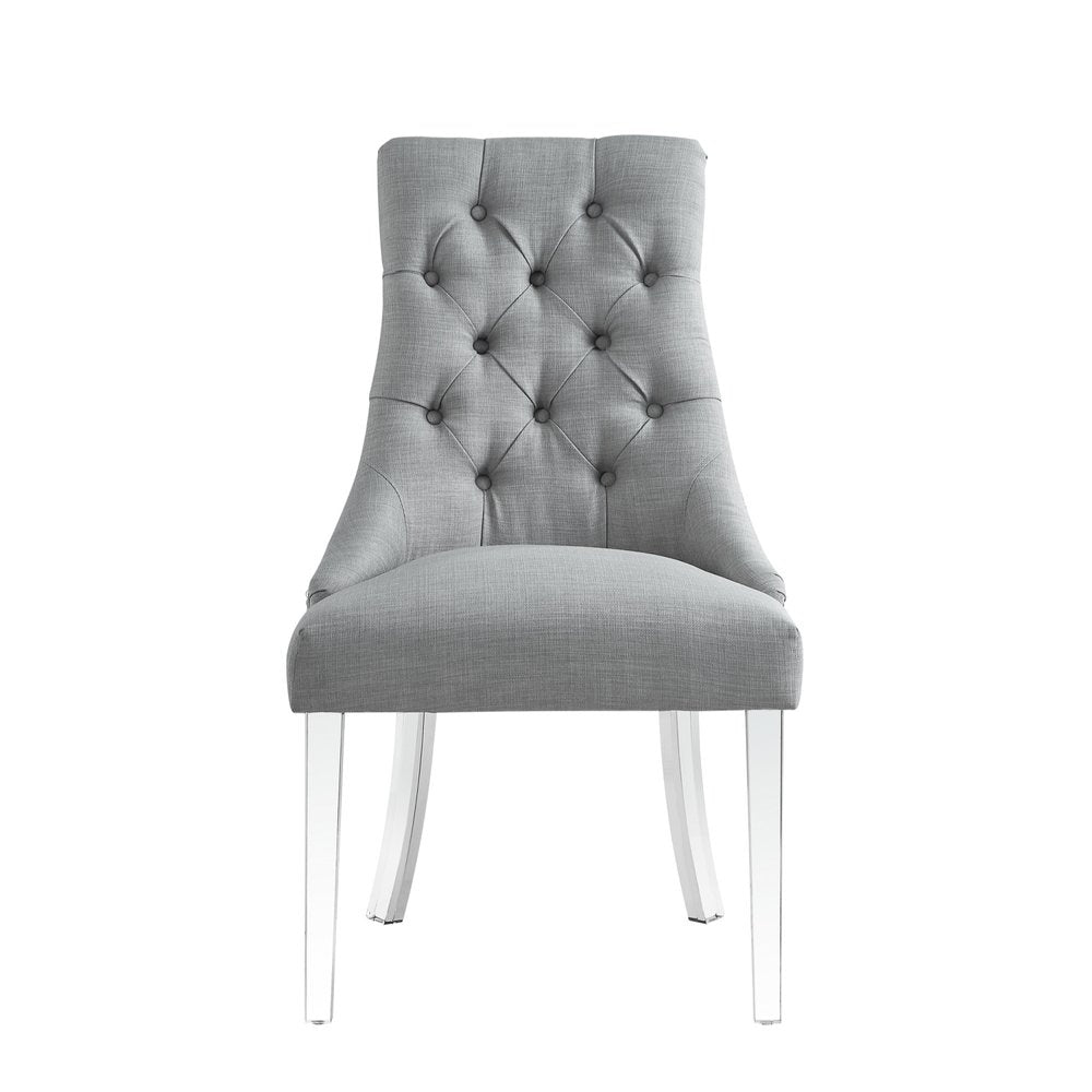 Set of Two Tufted Light Gray and Clear Upholstered Linen Dining Side Chairs HomeRoots