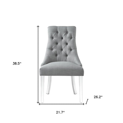 Set of Two Tufted Light Gray and Clear Upholstered Linen Dining Side Chairs HomeRoots