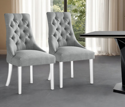 Set of Two Tufted Light Gray and Clear Upholstered Linen Dining Side Chairs